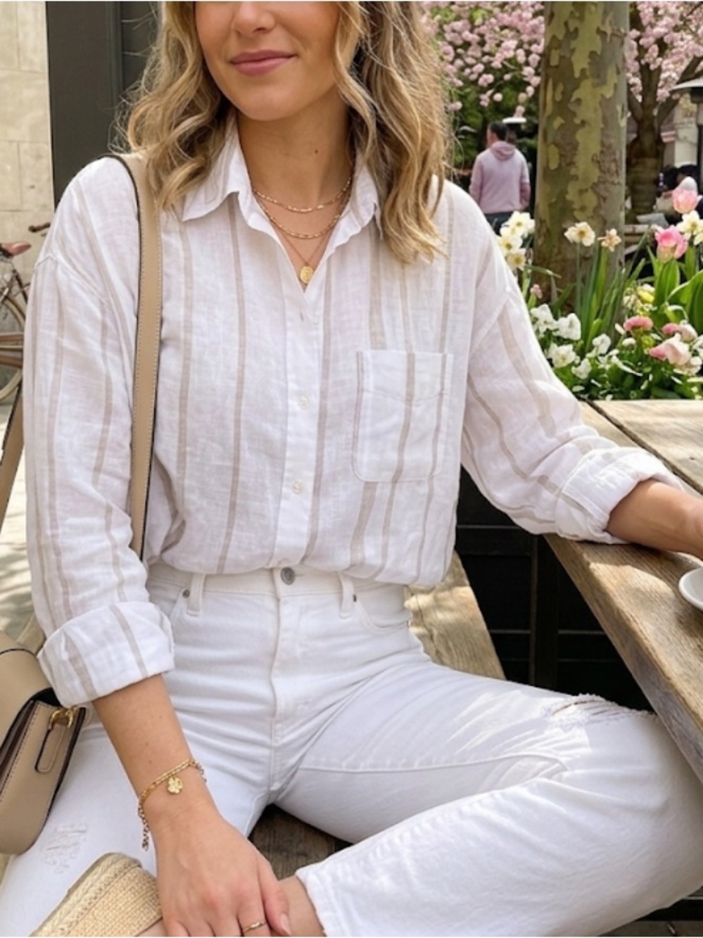 H&M 100% Linen Shirt Women’s Beige & White Striped Button-Up Long Sleeve M/L